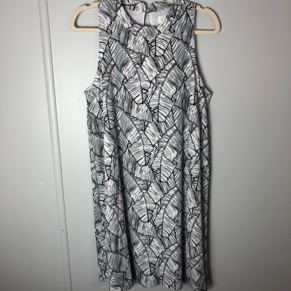 Sleeveless Mud Pie Dress with a Black Palm Leaf Pattern Size Medium